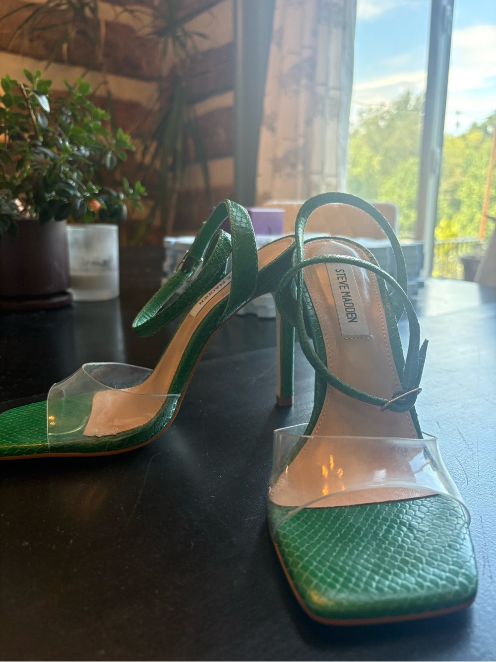 Steve Madden Green Clear-Strap Stiletto Sandals
